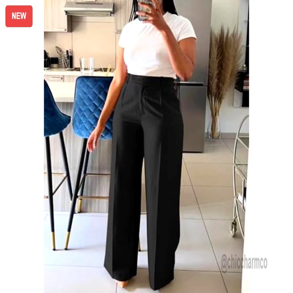 High Waisted Wide Leg Dress Pants Business Casual Slacks Polyester Spandex - Picture 3 of 6